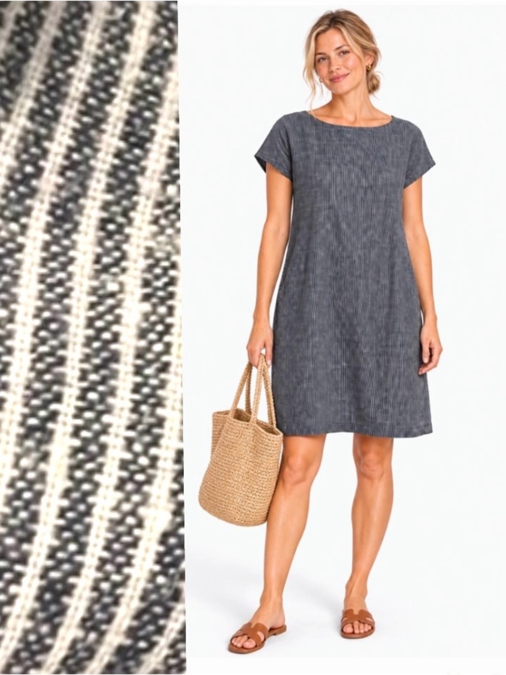Eileen Fisher, blue and white Striped Dress 100% organic cotton/hemp, Si…